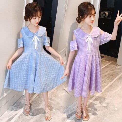 High Quality Dress For Girls Summer Off Shoulder Plaid Bowknot Dress With Sashes Elegant Princess Party Sweet Clothes 4-14Years
