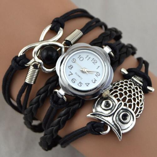 Relojes Mujer 2017 Owl Four Leaf Clover Header Heart With Glass Bead Wax Rope Lobster Women Watches