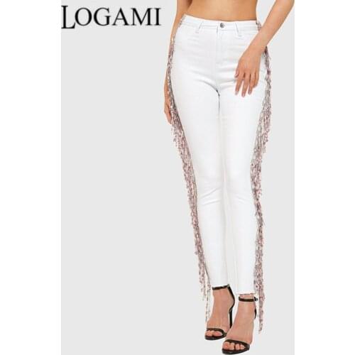 LOGAMI Beads Jeans Streetwear Women High Waist Skinny Jeans Woman Tassel Spring Summer 2021 Pencil Pants White 2XL 3XL