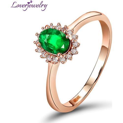 LOVERJEWELRY Diana Engagement Genuine Diamond Emerald Ring 18Kt Rose Gold Promised Loving Gemstone Rings Jewelry For Women Gift
