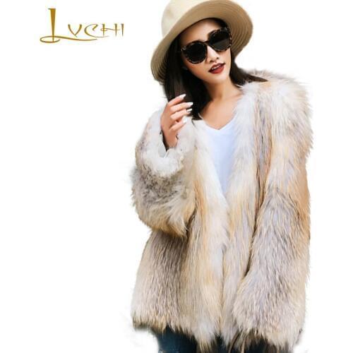 LVCHI 2019 Spring Imported Marble Fox Fur Coats Slim V-Neck Fur Coat Womens Striped Medium Gold Color Soft Warm Fox Fur Coats