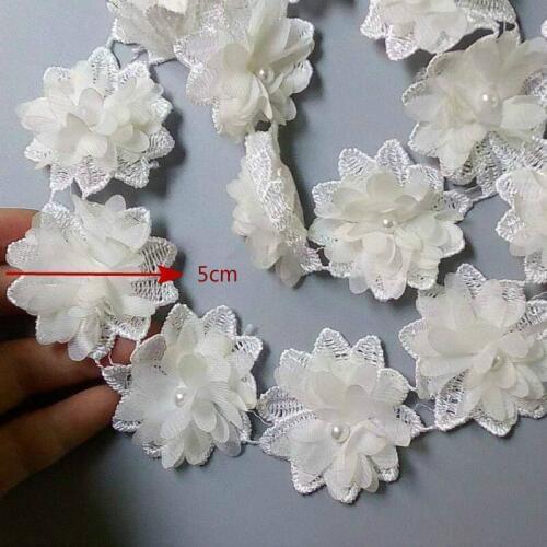 1 yard White and Pink Polyester Pearl Flower Embroidered Lace Trim Ribbon Fabric Handmade DIY Garment Wedding Dress Sewing Craft