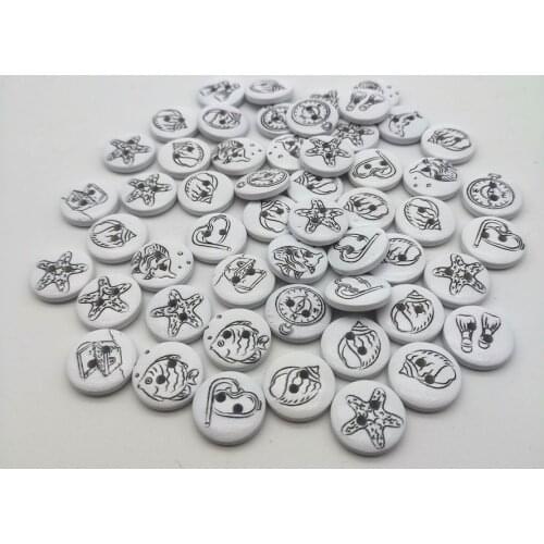 1000pcs White Black Mixed 15mm Round 2 Holes Sea Fish Starfish Hearts Painted Wood Buttons For Scrapbooking DIY Crafts Sewing