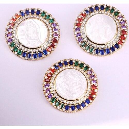 3Pcs Rainbow CZ Micro Pave Jesus /Mary of Virgin Shell Pendant for Necklace, Round Shaped Religious Charms, Cubic Zirconia