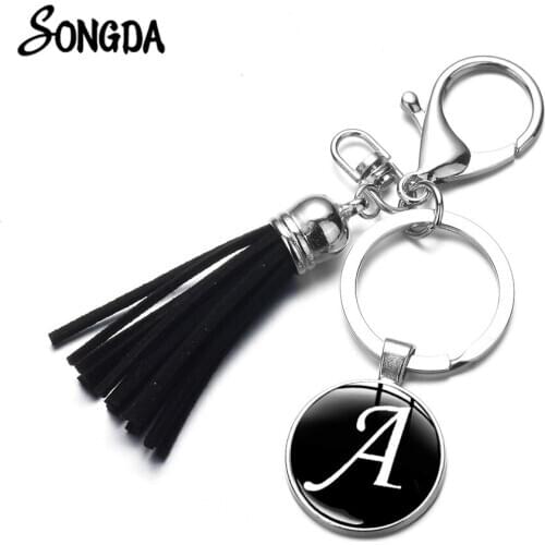 A-Z Initial Alphabet Time Gem Tassel Keychain Couple Key Chain Bag Charm Key Ring Holder Car Accessories Fashion Jewelry Unisex