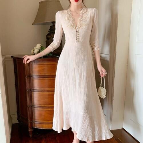 Elegant French Princess Style Lace Dress Women V Neck High Waist Slim Dresses Spring Autumn Long Sleeve Female Party Clothes New