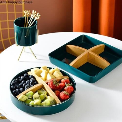 Ceramics Green Dried Fruit Tray Heart-shaped Round Square Dinner Plate Compartment Snack Platter Home Use Portable Fruit Tray