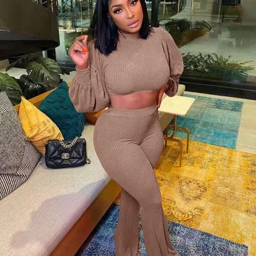 Winter Knitted Ribbed Two Piece Set Women Elegant Lantern Sleeve Crop Top and Flare Pant Sets Streetwear Club Outfits Co Ord