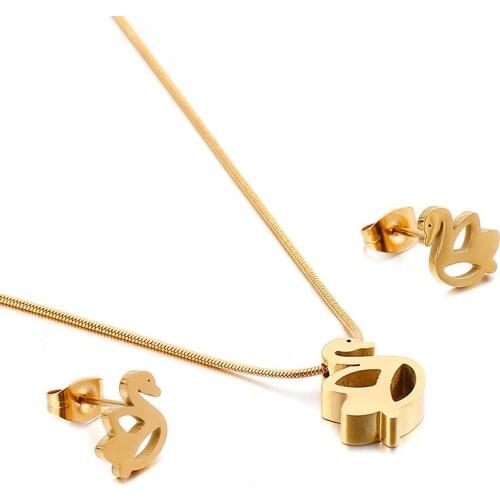 Simple personality stainless steel womens creative cute little swan necklace earrings set