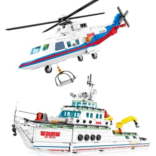 City Police Emergency rescue mission boat Helicopter Model building blocks Sets enlighten brick toys for kids samll gift friends