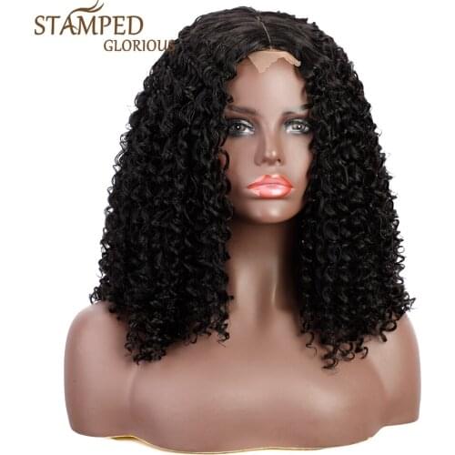 Stamped Glorious Short Curly Synthetic Bob Wig for Women Middle Part Black Wig Heat Resistant Fibre Hair Deep Curly Wigs