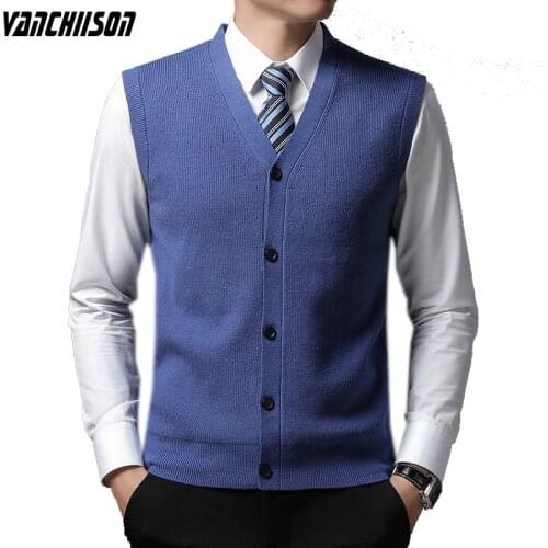 Men Brand Knit Vest Buttons Down Thick for Autumn Winter V Neck Basic Cardigan Sleeveless 47.2% Wool Casual Vintage A08201709