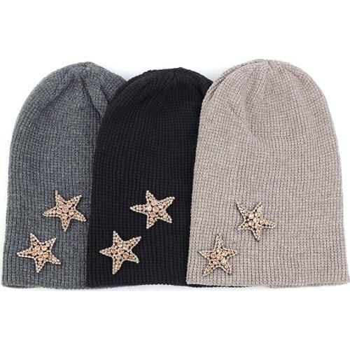 Solid Color Adult Beanie Diamonds Stars Rhinestone Accessories Hat Woman Autumn Winter Warm Cap Beanies Pullover Cap