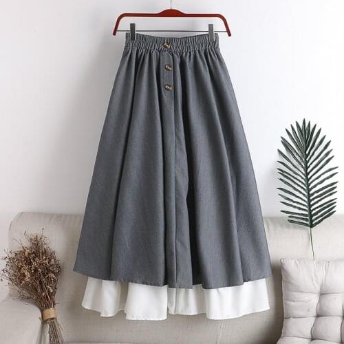 Autumn Winter womans gown high waist skirt thinner elastic waist big hem button stitching mid-length skirt big size skirt