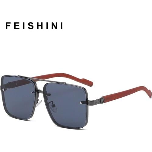 FEISHINI Imitation Wood Grain Leg Sunglasses Women Retro Rimless Celebrity Square Sun glasses Men Fashion Goggle Eyeglasses COOL