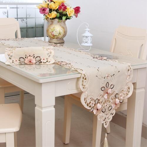 RAYUAN Vintage Embroidered Peony Satin Fabric Cutwork Wedding Banquet Table Runner Dresser Scarf Home Hotel Decor 4 Size