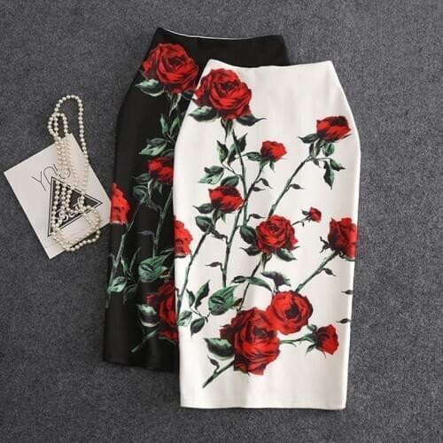 2021 Summer New Fashion Temperament Printed Skirt Female Slim Knee Length Rose Floral Back Split Pencil Skirts for Women Y588