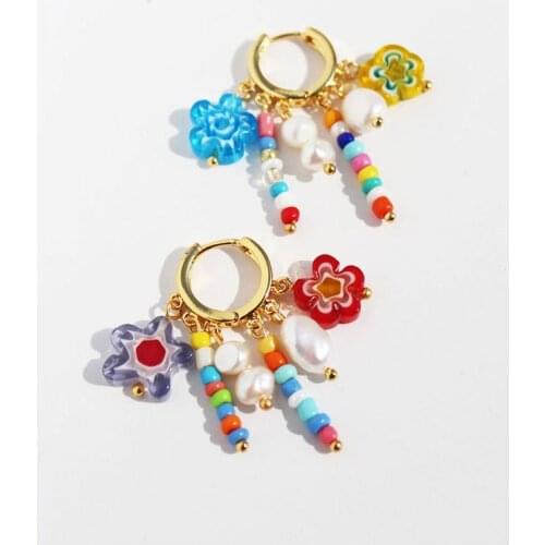Hoop Earrings for Women Natural Pearls Color Flower Beads Gold Hoops Gift Boho Dangle Drop Pendant Hanging Earrings Jewelry