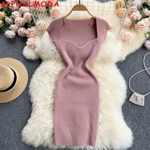 ALPHALMODA 2021 Womens Square Collar Sexy Wrap Hip Stretchy Knitted Dress Solid Color Pullovers Ladies Fashion Summer Dress
