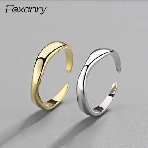 Foxanry S925 Stamp Wedding Ring for Women Couples Creative Geometric Smooth anillos Jewelry Gift Size 17.3mm Adjustable