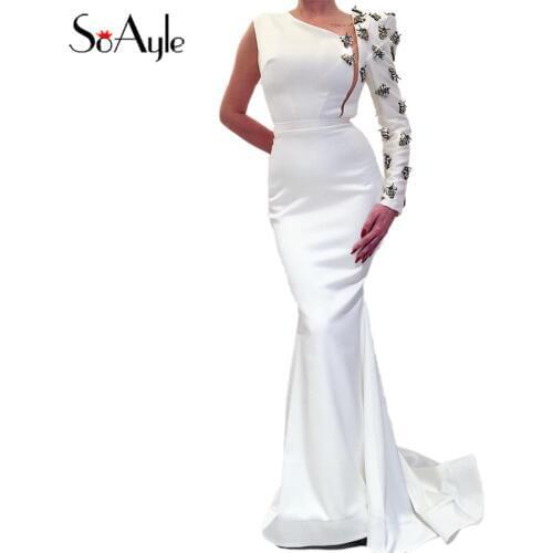 SoAyle Mermaid Evening Dresses 2018 One Sleeve Lovely Crystal Brooch Arabia Dubai Fashion Prom Dresses Vestidos de festa longo