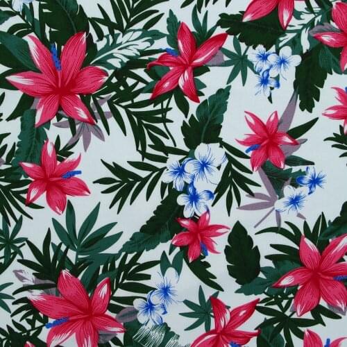 1 Yard Cotton Poplin Fabric for Sewing Patchwork, Dress, Cloth - Flower and Leave on White Background (width=140cm)