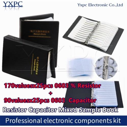 170valuesx25pcs=4250pcs 0603 SMD Resistor 0R~10M 1% + 90valuesX25pcs=2250pcs 0.5PF 0.5PF~22uF Capacitor Mixed Sample Book