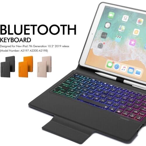 5.1 Bluetooth Keyboard Case For New iPad 10.2 inch 2019, All-In-One Wireless Keyboard with 7-Color Backlit Premium Leather Case