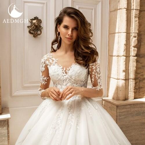 Aedmgh Ball Gown Vintage Wedding Dresses 2021 Sweetheart Long Sleeve Bride Dress Lace Appliques Court Train Robe De Mariee