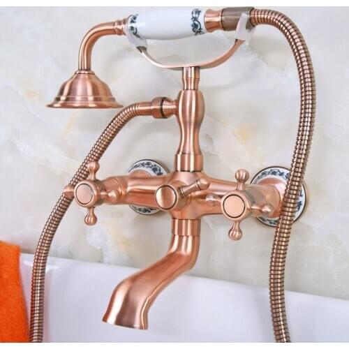 Antique Red Copper Brass Wall Mounted Bathroom Clawfoot Tub Faucet Mixer Tap Telephone Shower Head Dual Cross Handles ana337