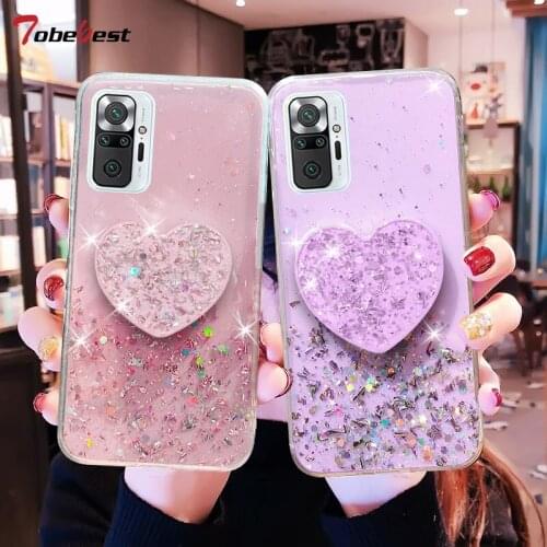 Bling Glitter Heart Love Phone holder Case For Xiaomi Redmi Note 10 Pro Max 4G 5G Silver Foil Transparent Soft Silicone Cover