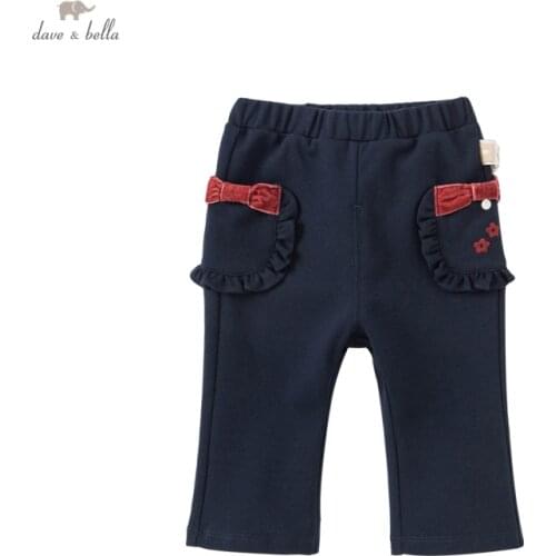 DBJ18249 dave bella autumn baby girls fashion bow pockets pants children full length kids girl pants infant toddler trousers