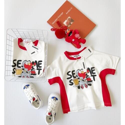 Tonytaobaby New Summer New Childrens Short Sleeve Loose Contrast Side Stripe Cartoon Print T-shirt