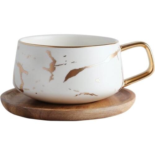Nordic Ceramic Coffee Cup Marble Matte Gold Mugs Coffee Cups Friends Water Cup Milk Black White Saucer Taza Wooden Disc CM020