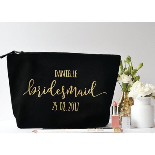 Custom title name date set of 6 makeup toiletry kits bridesmaid wedding Gift Make Up Bags Unique Gift for Bridal Party favors