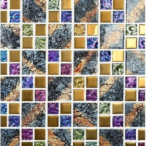 Iridescent symphony gold electroplate crystal glass mosaic tiles for wall sticker kitchen backsplash bathroom DIY House