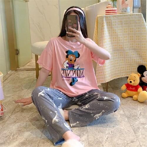 Cartoon Mickey Minnie bear duck print pattern summer ladies short-sleeved trousers pajamas suit loose trendy home service