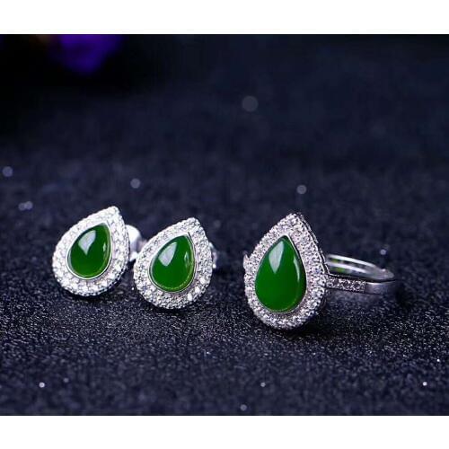 Hetian Biyu Silver set three-piece set Jasper drop set j16
