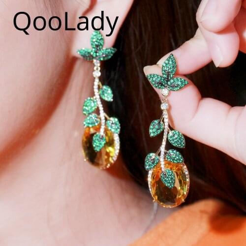 QooLady Gorgeous Yellow Green Cubic Zirconia Long Leaf Shape Dangle Drop Earrings for Women Wedding Party Fashion Jewelry E261