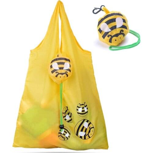 Foldable Wrist Shopping Bag Eco friendly Reusable Bee Printed Pouch Lightweight Tote Handbags and Coin Purses