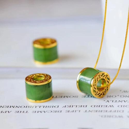 Hetian Jade Green Jade S925 Sterling Silver as Right as Rain Lucky Beads Barrel Beads Fashion Simple Big Name Pendant Clavicle C