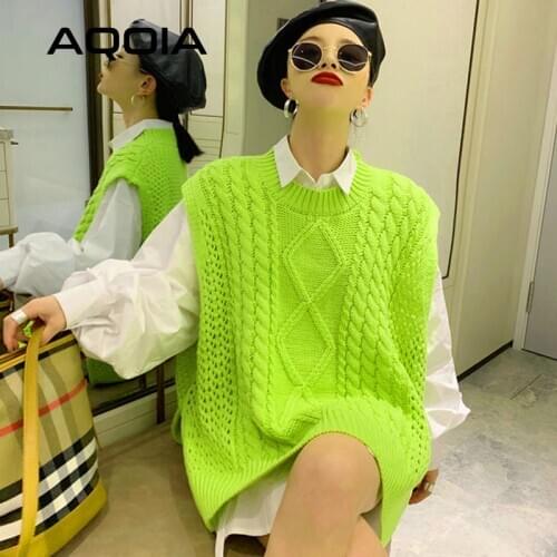 Harajuku Loose Fluorescent Green Women Sweaters Korea Oversize Knit Woman Sweater Vest 2020 Winter Plus Size Pullover Clothing
