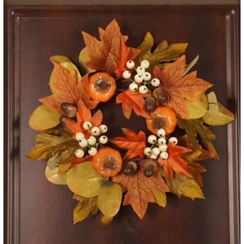 Thanksgiving Harvest Day Wreath Pumpkin Berries Maple Leaves Themed Hanging Fall Door Wreath Welcome Sign