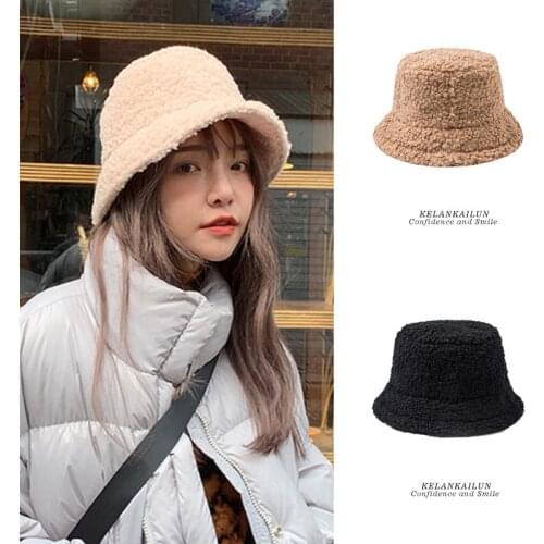 Female Hat Solid Artificial Fur Warm Cap Faux Fur Winter Bucket Hat Women Outdoor Sunscreen Sun Hat Panama Lady Cap