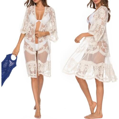 Women Half Sleeves Floral Pattern Lace Hem Long Maxi Dresses Sexy Swimsuit Beach Cover Up Female Biniki Cover-Ups Swimwear