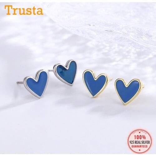 TrustDavis Real 925 Sterling Silver Sweet Blue Glaze Heart Charm Stud Earrings For Women Wedding Birthday Present Jewelry DB1412