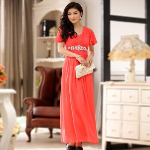 Plus Size Women Clothing Butterfly Sleeve V-neck with Diamonds Chiffon Long Dress for Evening Party