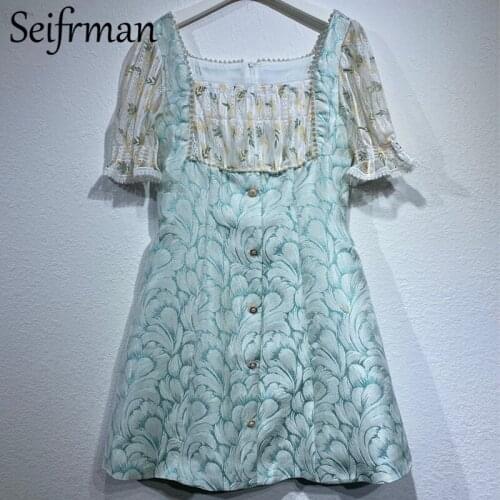 Seifrmann New 2021 Summer Women Fashion Runway Party Short Dress Flare Sleeve Lace Beading Elegant Print Ladies Dresses Vestidos