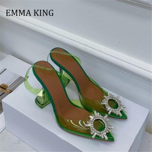 2021 Spring Women Slingback Crystal Pumps Sexy Pointy Toe Hoof Heels Pumps Colours Glass PVC Pumps Fashion Rhinestone High Heels