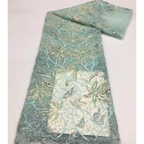 5yards/pc) High quality mint green African party net lace embroidered sequins tube beads French lace fabric for dress FSS360